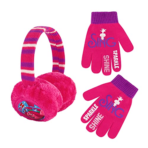 DREAMWORKS TROLLS Girls' Winter Hat and Kids Gloves Set, Scarf Or Earmuffs, Poppy for, Bright Pink, Ages 4-7