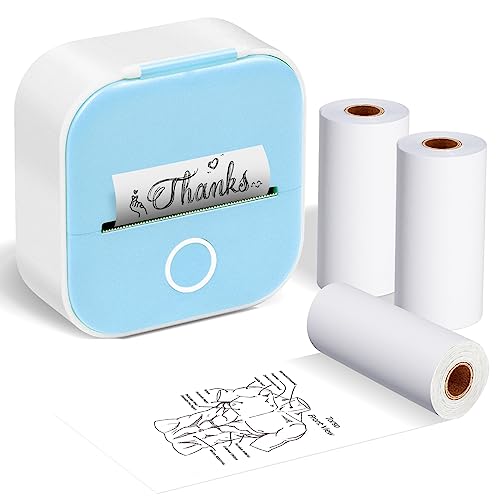 T02 Mini Printer Sticker Printer - Wireless Mini Sticker Printer Machine, Wireless Pocket Mini Printer for iPhone, Mini Thermal Printer with 3 Rolls Thermal Paper for Journal, Memo, Photo