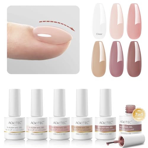 Aokitec 7-in-1 Builder Nail Gel Set, 6 Colors Pink Nude Milky White Hard Gel Builder Nail Strengthener Extension Gel Nail Polish Rhinestone False Nail Tips Glue Gel in a Bottle, Gifts for Women