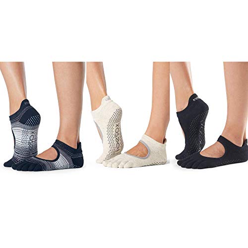 toesox Bellarina Full Toe Multi Pack - Grip Non-Slip Toe Socks for Pilates, Barre, Yoga, Ballet, Small, Black, Oatmeal & Static - 3 Pack