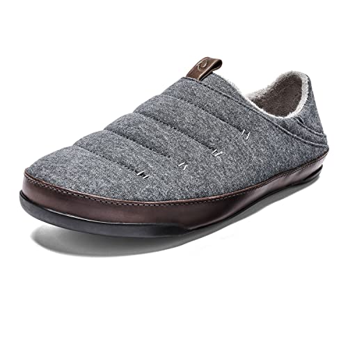 OLUKAI Mahana Men’s Soft Cotton Slippers, Cotton Blended Jersey & Full-Grain Leather Pull Loop, Comfortable & Breathable Fit, Dk Shadow/Black, 9