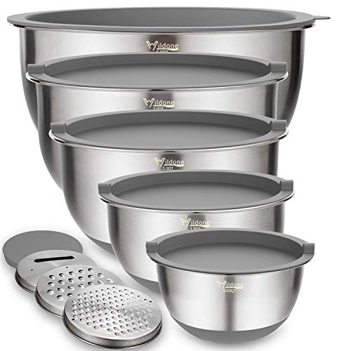 Wildone Mixing Bowls Set of 5, Stainless Steel Nesting Bowls with Grey Lids, 3 Grater Attachments, Measurement Marks & Non-Slip Bottoms, Size 5, 3, 2, 1.5, 0.63 QT, Great for Mixing & Serving