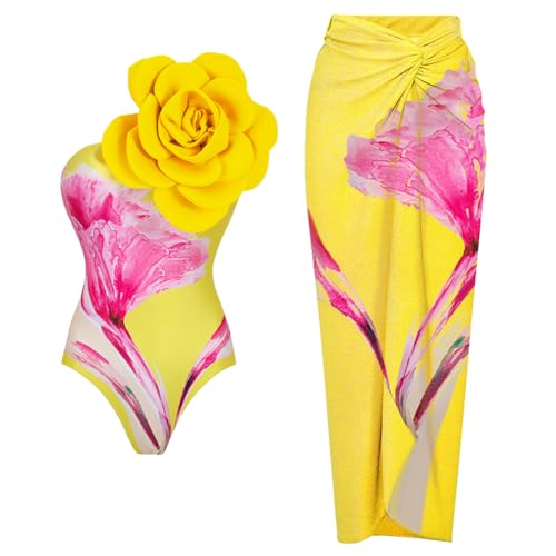 One Piece Swimsuit with Cover Up Set Women Retro Yellow Floral Bathing Suit with Sarong Cover Up Wrap Skirt Sexy Bikini with Skirt Beach Outfits Yellow Floral X-Large