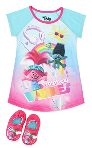 DREAMWORKS TROLLS Girls' Dorm Pajama Set with Matching Cozeez Slippers, Blue, Toddler Size 4