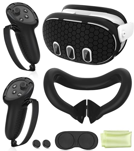 Silicone Cover Set Compatible with Oculus/Meta Quest 3, VR Accessories Protective Cover Includes Controller Grips, Front Shell Headset Cover and Face Cover (Black)