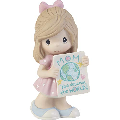 Precious Moments Little Girl Figurine | Mom, You Deserve The World Girl Bisque Porcelain Figurine Moms Birthday | Hand-Painted