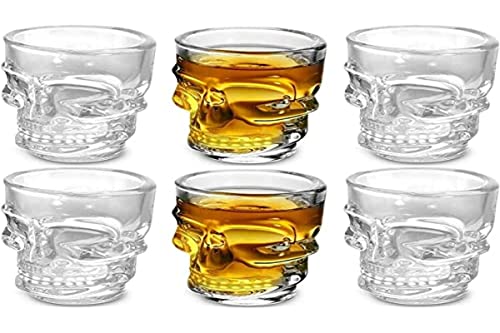 Circleware Skull Face Heavy Base Whiskey Shot Glasses, Set of 6, Party Home and Entertainment Dining Beverage Drinking Glassware for Brandy, Liquor, Bar Decor, Jello Cups, 1.75 oz, Clear