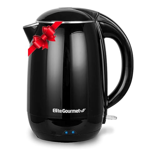 Elite Gourmet EKT1821 1.8L Double Wall Insulated, Cool-Touch 1500W Kettle w/Stainless Steel Interior & Lid, 360° Swivel Base for Cord Free Serving, Power On Lever, Auto Shut-Off, Boil Dry, Black