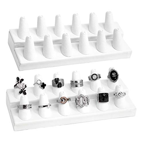 MOOCA 2 Pcs Set Deluxe White Faux Leather Finger Ring Showcase Display Jewelry Organizer Stand, Jewelry Ring Stands, Leatherette Ring Stand 12 Rings Display Jewelry Ring Holder