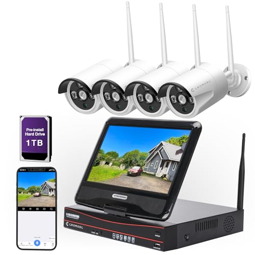10CH Expandable All in one Wireless Security Camera System with 10.1' Monitor 4pcs 3MP Indoor Outdoor camera One-Way Audio Night Vision Motion Detection Cromorc Home Business CCTV Surveillance 1TB HDD