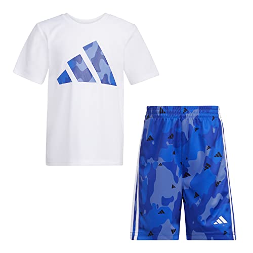 adidas Boys' Short Sleeve Poly Tee & Camo All Over Print Short Set, White, 7