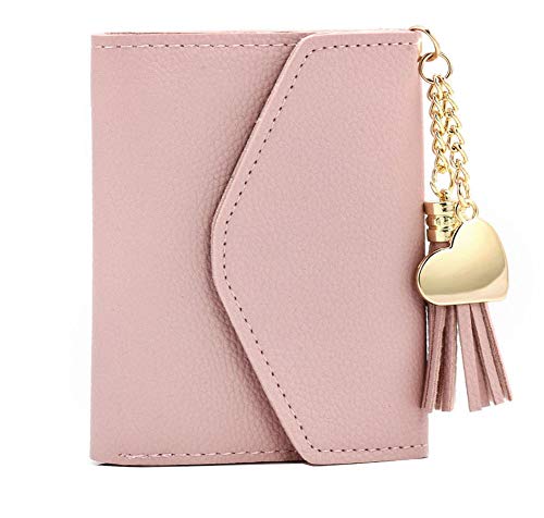 Small Wallets for Women Leather Mini Credit Card Case with ID Window and Card Holder Coin Purse Tassel Ladies Girls Keychain Wallet (Pink)