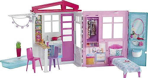 Barbie Dollhouse, Portable 1-Story Playset with Pool and Accessories, for 3 to 7 Year Olds (Amazon Exclusive)