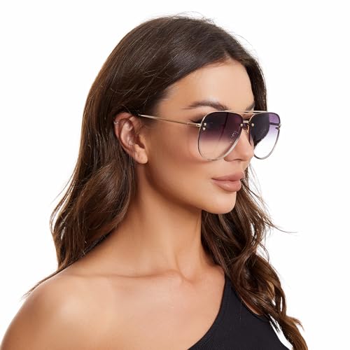 VIVIENFANG Oversized Aviator Sunglasses for Women, Trendy Golden Frame Gradient lens UV Protection Sun Glasses 87247E