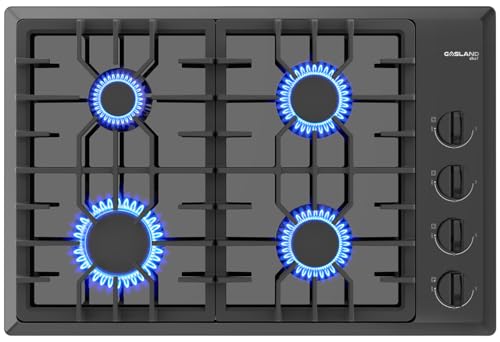 Gas Cooktop 30 Inch Black, GASLAND Chef PRO GH2304ES 4 Italy Sabaf Sealed Burner Gas Stovetop, 3.9 ft Cord Plug, Heavy Duty Cast Iron Grates with Metal Knobs, 28,300 BTU NG/LPG Convertible