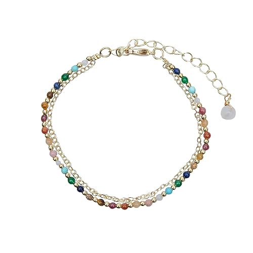 Lotus and Luna 2MM Master Healer Energy Chakra Healing Dainty Layered Bracelet with Real Stones Jade, Pearl, Rose Quartz, Amethyst, Moonstone (Yellow Gold)
