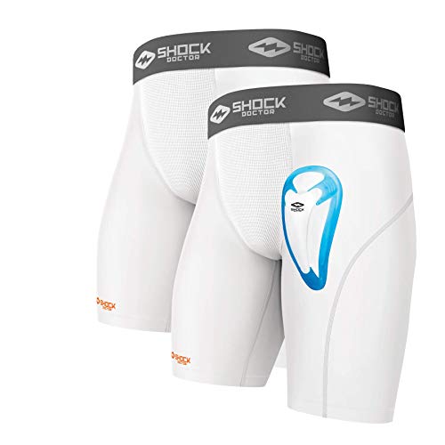 Shock Doctor unisex adult Youth Boys 2 Pack Core Compression Short with BioFlex Cup, White, X-Large US