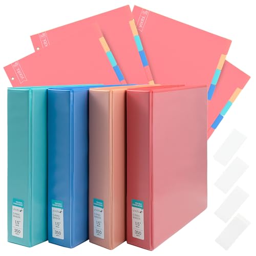 Yoobi 1 1/2 Inch Binder & 8-Tab Divider Set - 4 Pk of 3-Ring Binders with 2 Pockets, 4 Pk of Binder Organizer Tabs w/Blank Sticky Labels - Perfect for School or Office, Binders Hold up to 275 Sheets