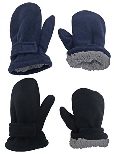 N'Ice Caps 2 Pairs Little Kids Baby Fleece Mittens - Easy-on Sherpa Lined (Black/Navy Pack, 2-3 Years)