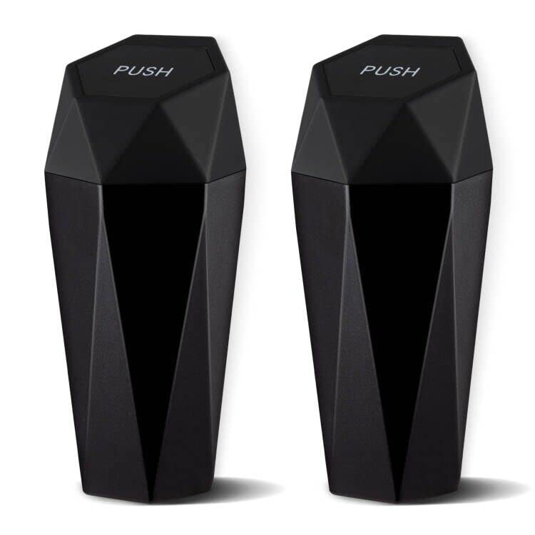 JUSTTOP Car Trash Can with Lid, Diamond Design Small Automatic Portable Trash Can, Easy to Clean, Used in Car Home Office Interior Accessories, 2PCS (Black)