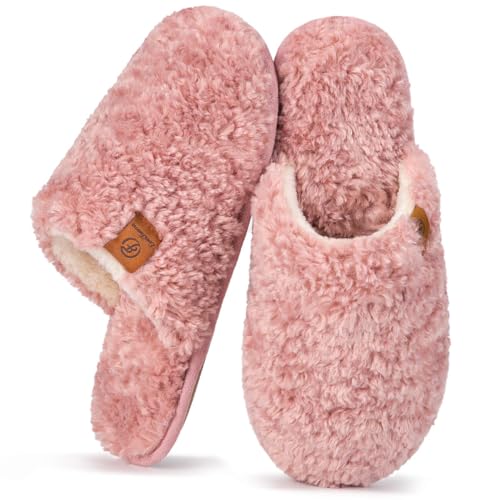 EverFoams Women's Fuzzy Wool-Like Memory Foam Slip on House Slippers Cozy Soft Indoor Outdoor Ladies Home Shoes Pink, 7-8 US