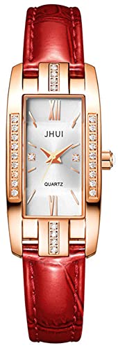 BESTKANG Women Watch Classic Rectangular Dress Watches Luxury Diamond Watch Fashion Leather Lady Watches Small Wrist Stainless Steel Watch (Red White)