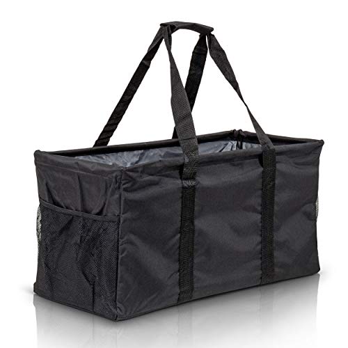 Extra Large Utility Tote Bag - Oversized Collapsible Reusable Wire Frame Rectangular Canvas Basket With Two Exterior Pockets For Beach, Pool, Laundry, Car Trunk, Storage - Black