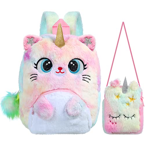 Waslary 2Pcs Unicorn Cat Backpack Purse Set, Kawaii Cute Colorful Unicorn Cat Kitty Shoulder Bag Gift Set for Toddler Girls