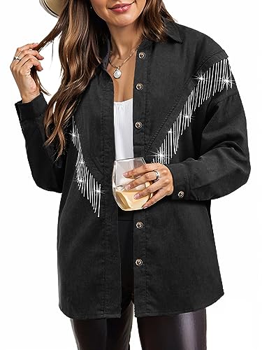 Nlife Womens Nashville Sparkly Rhinestone Fringe Buttons Shacket Concert Outfits Long Sleeves Spakle Tassel Shirt Jacket