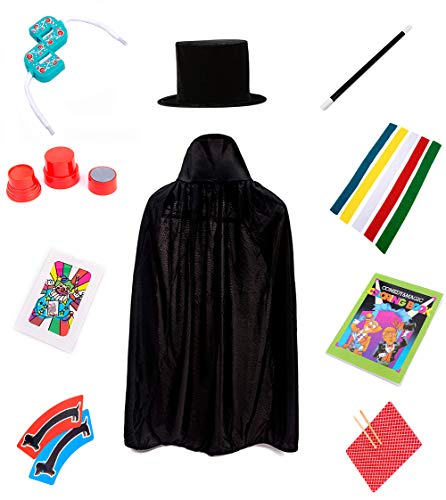 Young Magician Role Play Kits Magic Cosplay Tricks Set for Kids Contains Magic Hat and Cape Magic Wand Magic Rabbit Puppet Gloves and Color Ribbons (Blue)