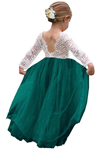 Girl Toddler Full-Length Straight Tulle Tutu Lace Back Party Flower Girl Dress (6-7 Year, Sleeve-Green)