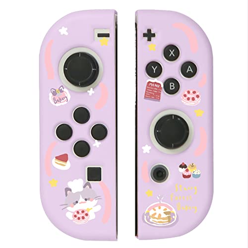 Starry Forest Cute Joycon Sticks Cover Case for Nintendo Switch and Switch OLED, TPU Soft Shell for Joycon Sticks, Pink Kawaii joycon Protective Skins (Purple- Bakery Cat)