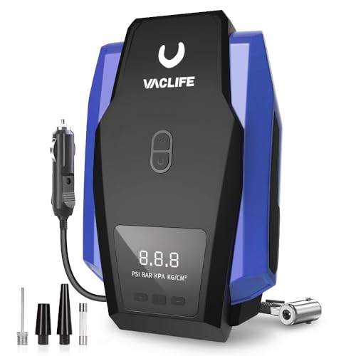 VacLife Tire Inflator Portable Air Compressor - Pump for Car Tires (up to 50 PSI), 12V DC Bikes 150 PSI) w/LED Light, Digital Pressure Gauge, Model: ATJ-1166, Blue (VL701)