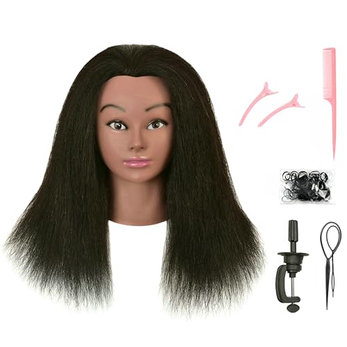 FUTAI 100% Human Hair Mannequin Head for Hairdresser Practice Braiding Styling Manikin Cosmetology Doll Training Head Coloring Bleaching Dyeing Curling Cutting Updos Display with Table Clamp Stand