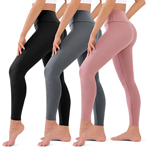 Acture 3 Pack High Waisted Womens Leggings, Soft Tummy Control Workout Women Yoga Pants (Large-X-Large, Black/Grey/Rosy Brown)