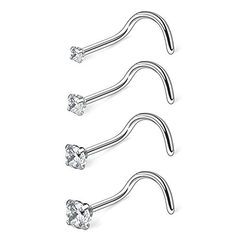 Ruifan 4PCS 18G 316L Surgical Steel 1.5mm 2mm 2.5mm 3mm Clear Round Diamond Cubic Zirconia Crystal Nose Screw Studs Rings Piercing Jewelry - Silver