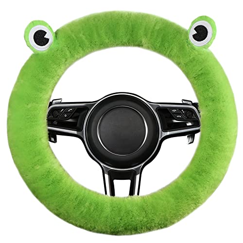 LLB Car Auto Steering Wheel Cover, Cute Style Fluffy Genuine Wool Sheepskin Cover for Women Men Girls, Anti-Slip Universal Fit 13.5-16.5 inches Car Wheel (Frog Prince)