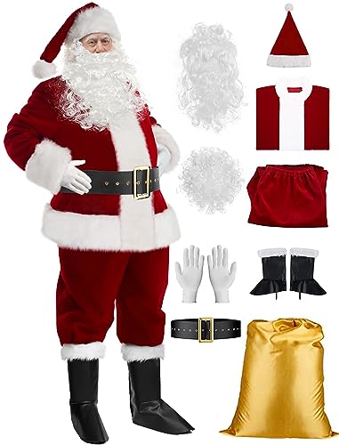 Christmas Santa Claus Costume with Beard Adult Men Deluxe Plush Santa Suit Outfit Set Flannel Complete Plus Size Wine Red Complete Professional Santa Costume