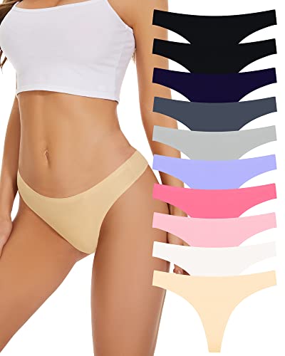Sunm Boutique 10 Pack Seamless Thongs for Women No Show Thongs Nylon Stretch Thong Panties Underwear S-XL