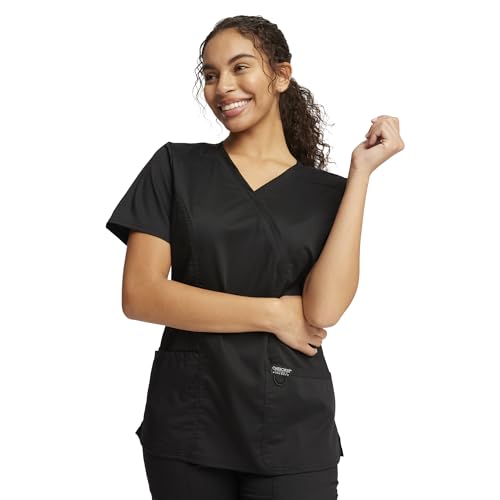 Cherokee Scrubs for Women Mock Wrap Top with 3 Pocket, Back Princess Seams WW610, S, Black