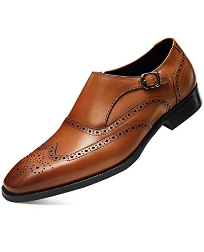 FRASOICUS Men ’s Dress Shoes Genuine Leather Monk Strap Wingtip Formal Shoes Slip-On Loafer 11 Brown