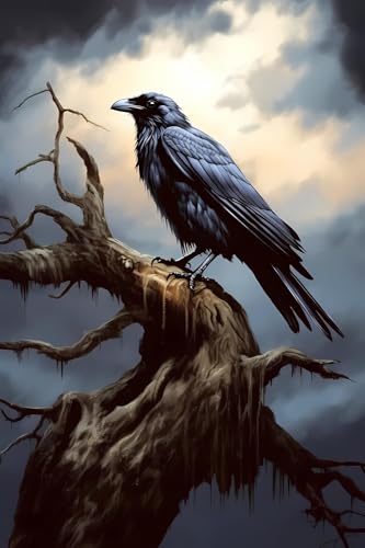 CUEAEAD Diamond Painting Kits for Adults-5D Gothic Black Raven On Branch Diamond Art Kits, Bird DIY Full Drill Crystal Rhinestone Craft Full Round Gemstone Crystal Cross Stitch Kit 12x18 inch