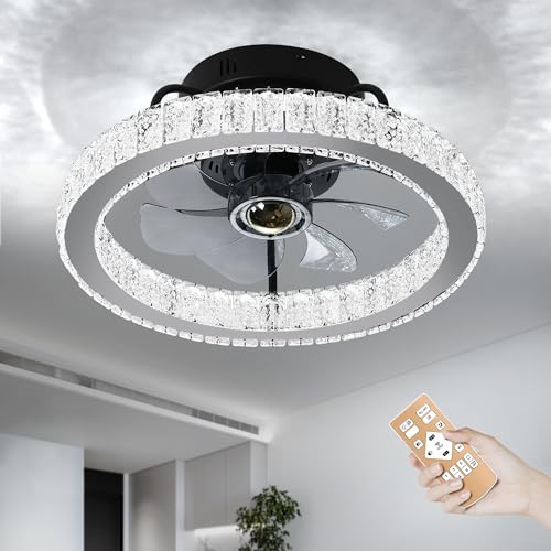 Sunny Hawaii LED Crystal Ceiling Fans with Lights, 18' Modern Low Profile Ceiling Fan with Remote, 3 Colors Flush Mount Bladeless Ceiling Fan, Stepless Color Temperature Change and 6 Speeds