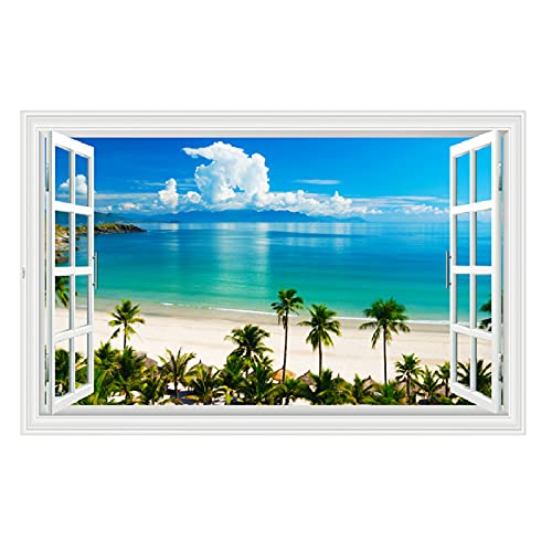Kiddale Fake Windows Wall Sticker, Removable 3D Beach Seascape Faux Windows Wall Decals for Bedroom Living Room Decoration,27.5'x18'
