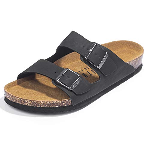 FITORY Mens Sandals, Arch Support Slides with Adjustable Buckle Straps and Cork Footbed Black Size 11