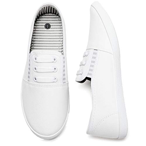 kufeiti Women’s Canvas Slip On Shoes Sneakers for Women Fashion Comfortable White Black Elastic Sneakers for Women (5, White, Numeric_5)