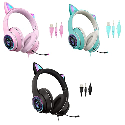 Cat Ear Gaming Headphones Wired AUX 3.5mm with LED Light, Flashing Stereo Game Headphones Surround Sound Over-Ear Headsets with Microphone Fit Kids & Adult for PC, PS4, Switch, Mobile, Laptop(3 color)
