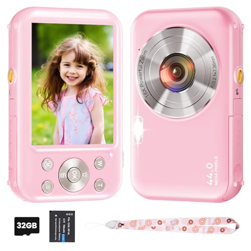 Digital Camera, Kids Camera with 32GB Card, FHD 1080P 44MP Vlogging Camera, 16X Zoom Point and Shoot Digital Camera Compact Portable Rechargeable Cameras for Teens Boys Girls Students Seniors(Pink)