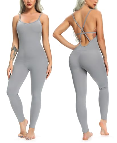 KIWI RATA Womens Sexy Bodycon Backless Jumpsuit Workout One-Piece Cacual Sculpted Bodysuit Sport Romper