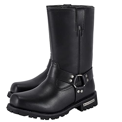 Dream Apparel Men's 11in Harness Motorcycle Boots for Riding, Square Toe Biker Boots, Waterproof Black PU Leather Mid Calf Boots Knee High Boots, 9